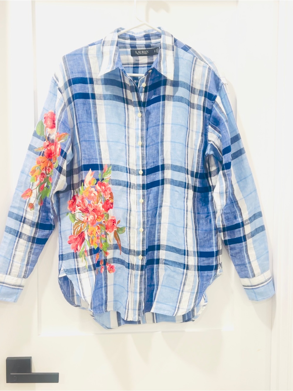 Lauren Ralph Lauren Painted Floral Blue Plaid Linen Button Up Shirt Size SP